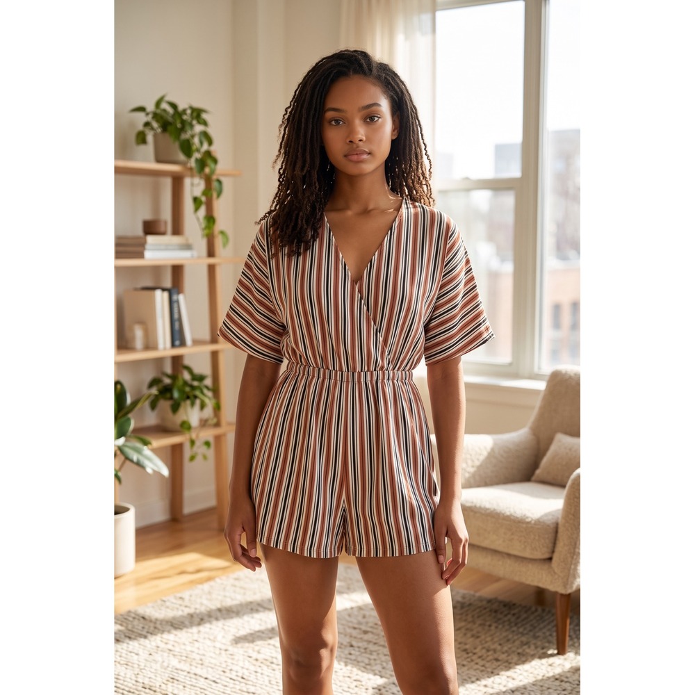 En Creme Womens Striped Surplice V-Neck Romper Rust Black White Size S